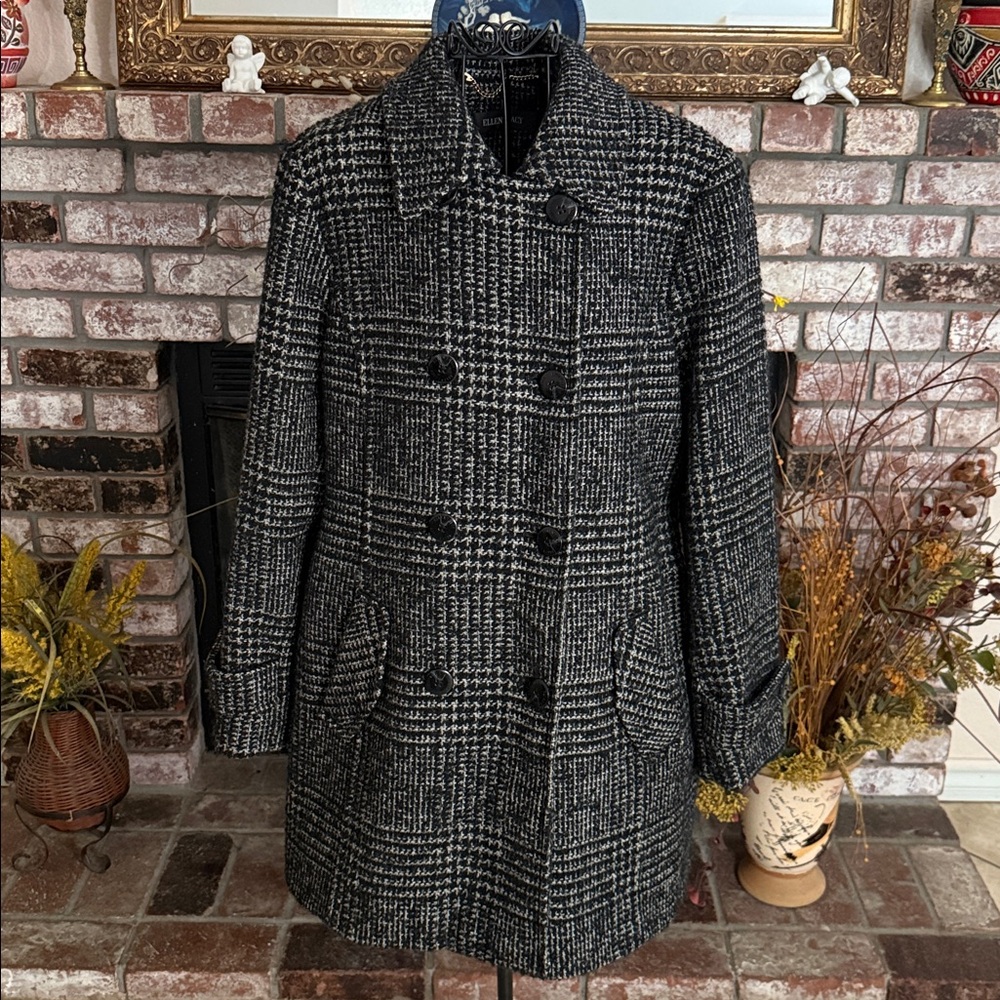 Ellen Tracy Women’s Double-Breasted Black and White Tweed Coat Size Large